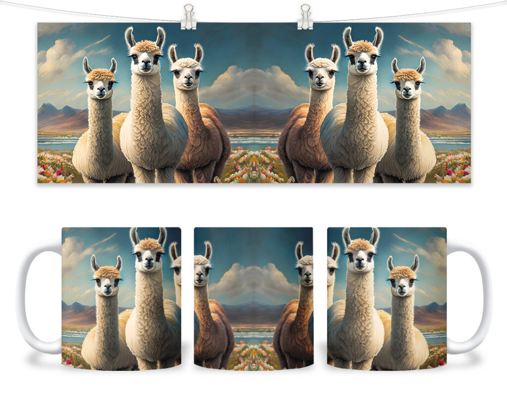 Kubek - 129 - Lama x3 na tle łąki