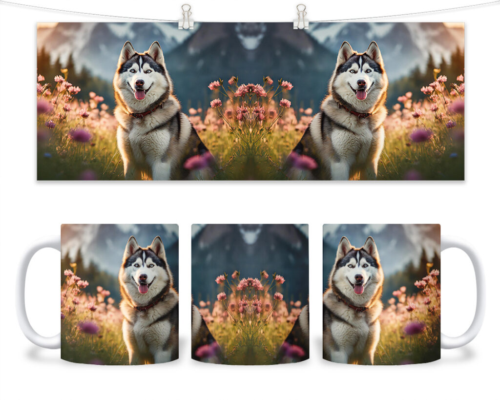 Kubek - 191 - Husky cały na łące