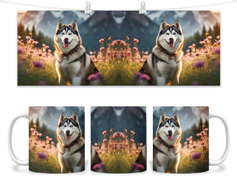 Kubek - 191 - Husky cały na łące