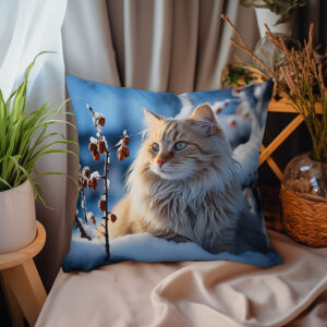 P01 - Poduszka - Biały kot na zimowym tle 1