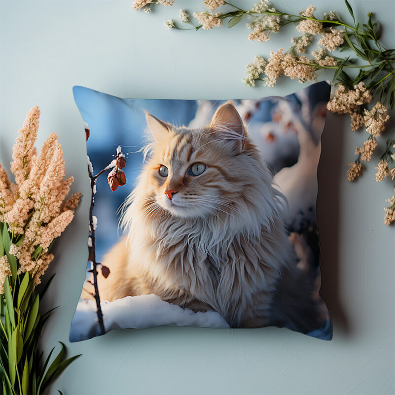 P01 - Poduszka - Biały kot na zimowym tle 2