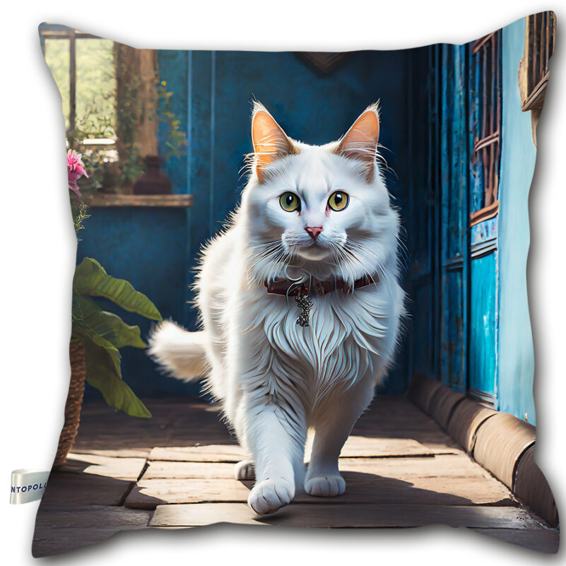 P02 - Poduszka - Biały kot w pokoju