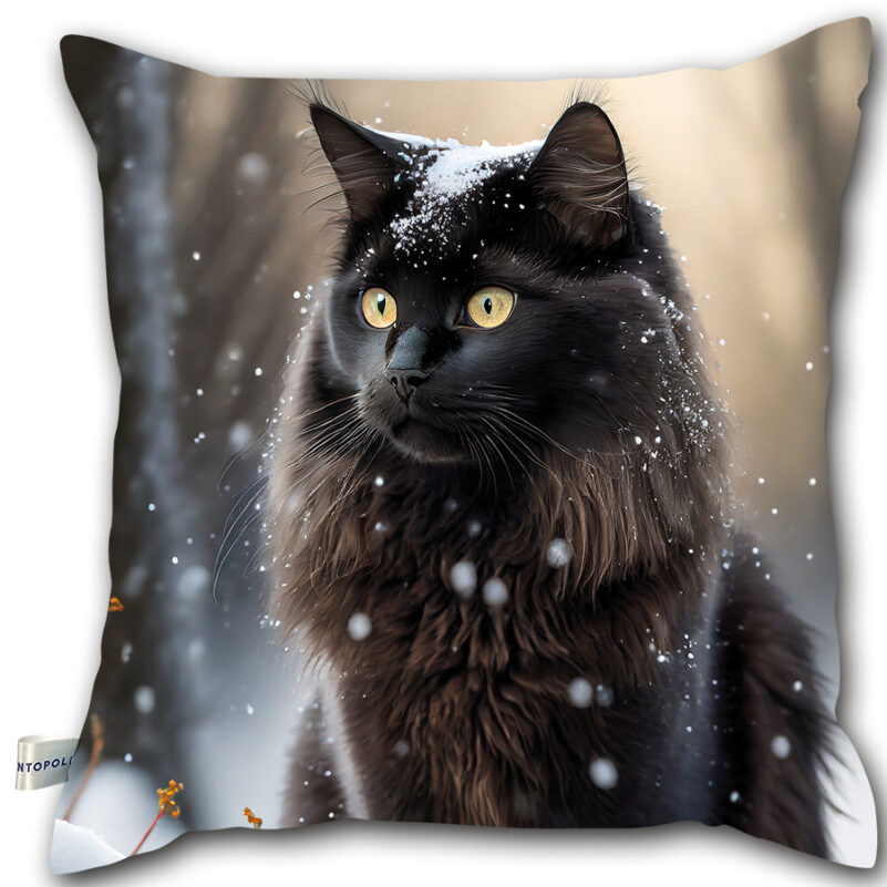 P03 - Poduszka - Czarny kot na zimowym tle (szarość)