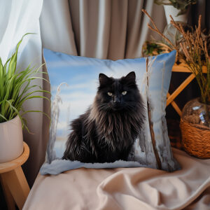 P04 - Poduszka - Czarny kot na zimowym tle (biel) 1