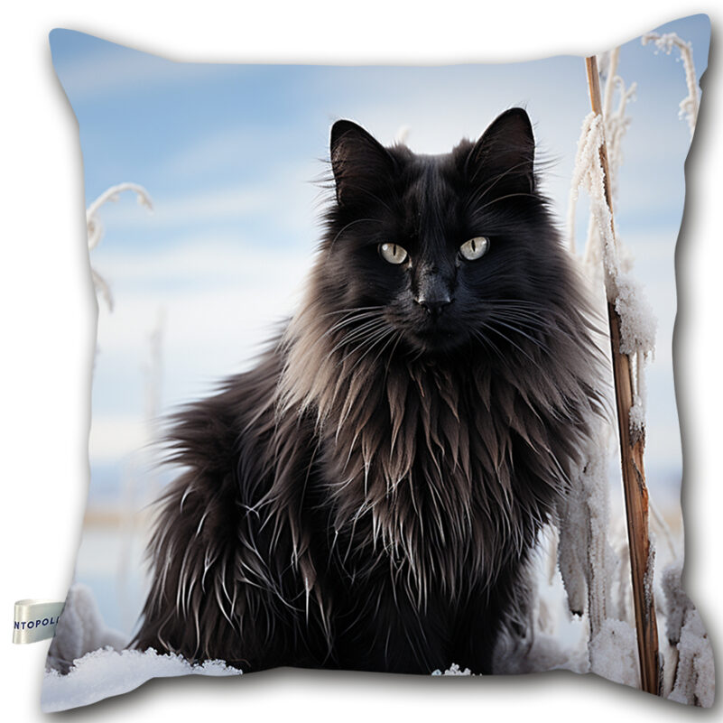 P04 - Poduszka - Czarny kot na zimowym tle (biel)