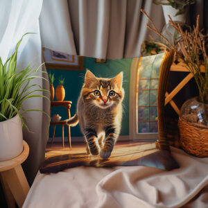 P06 - Poduszka - Brązowy kot w pokoju (przodem) 1