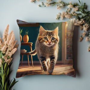 P06 - Poduszka - Brązowy kot w pokoju (przodem) 2