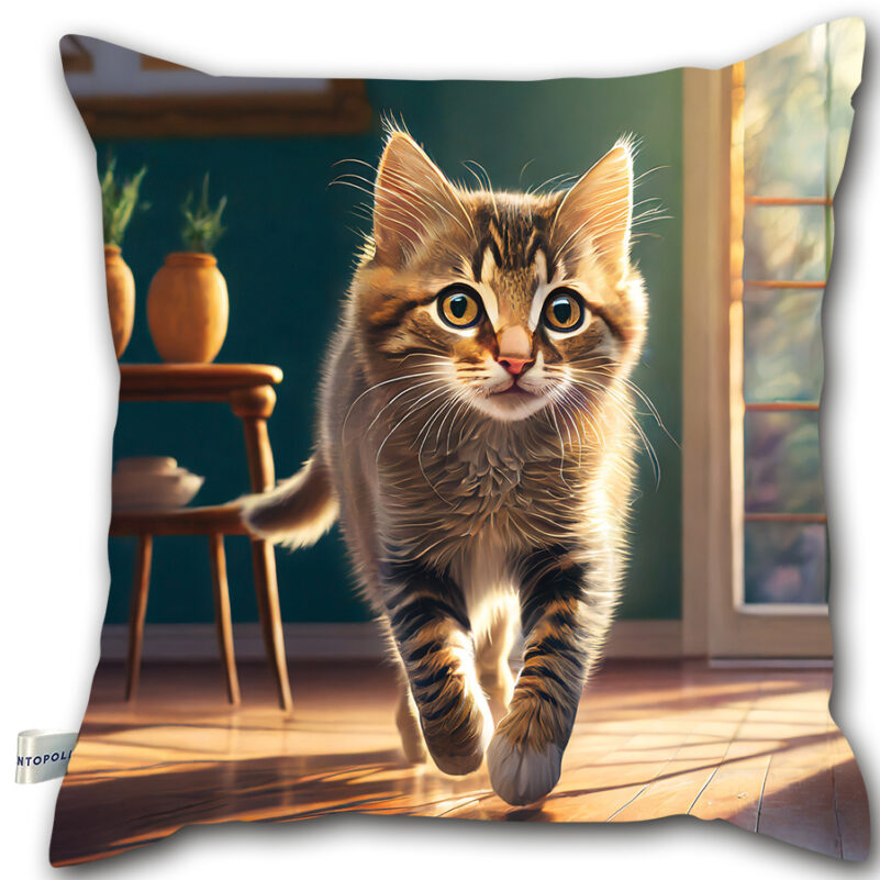 P06 - Poduszka - Brązowy kot w pokoju (przodem)