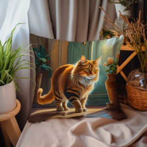 P07 - Poduszka - Brązowy kot w pokoju (bokiem) 1