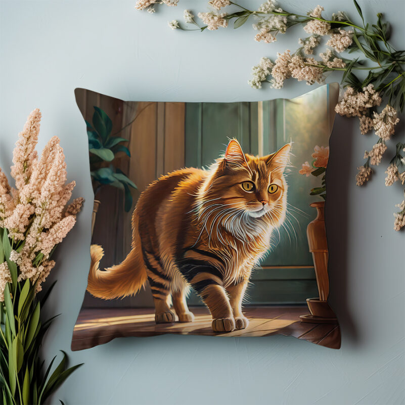 P07 - Poduszka - Brązowy kot w pokoju (bokiem) 2