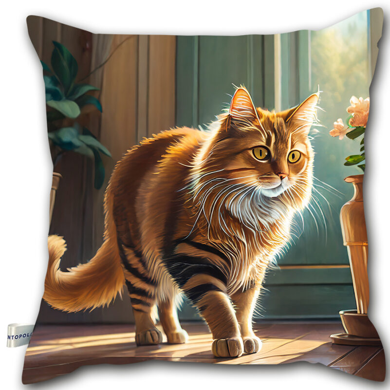 P07 - Poduszka - Brązowy kot w pokoju (bokiem)