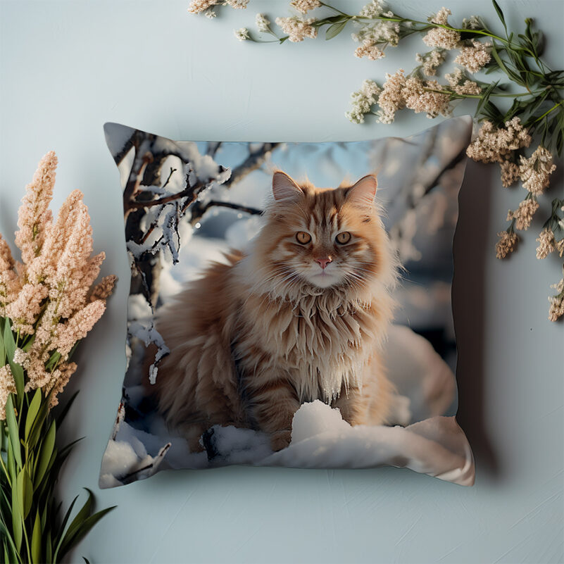 P13 - Poduszka - Złoty kot na zimowym tle 2